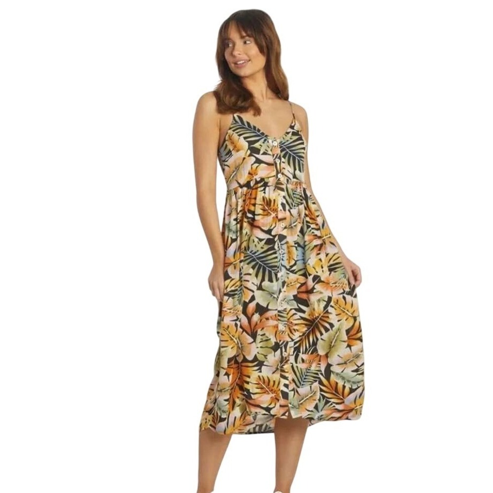 Natural Reflections Tropical Leaf Button Front Midi Dress XL Smocked Boho Travel